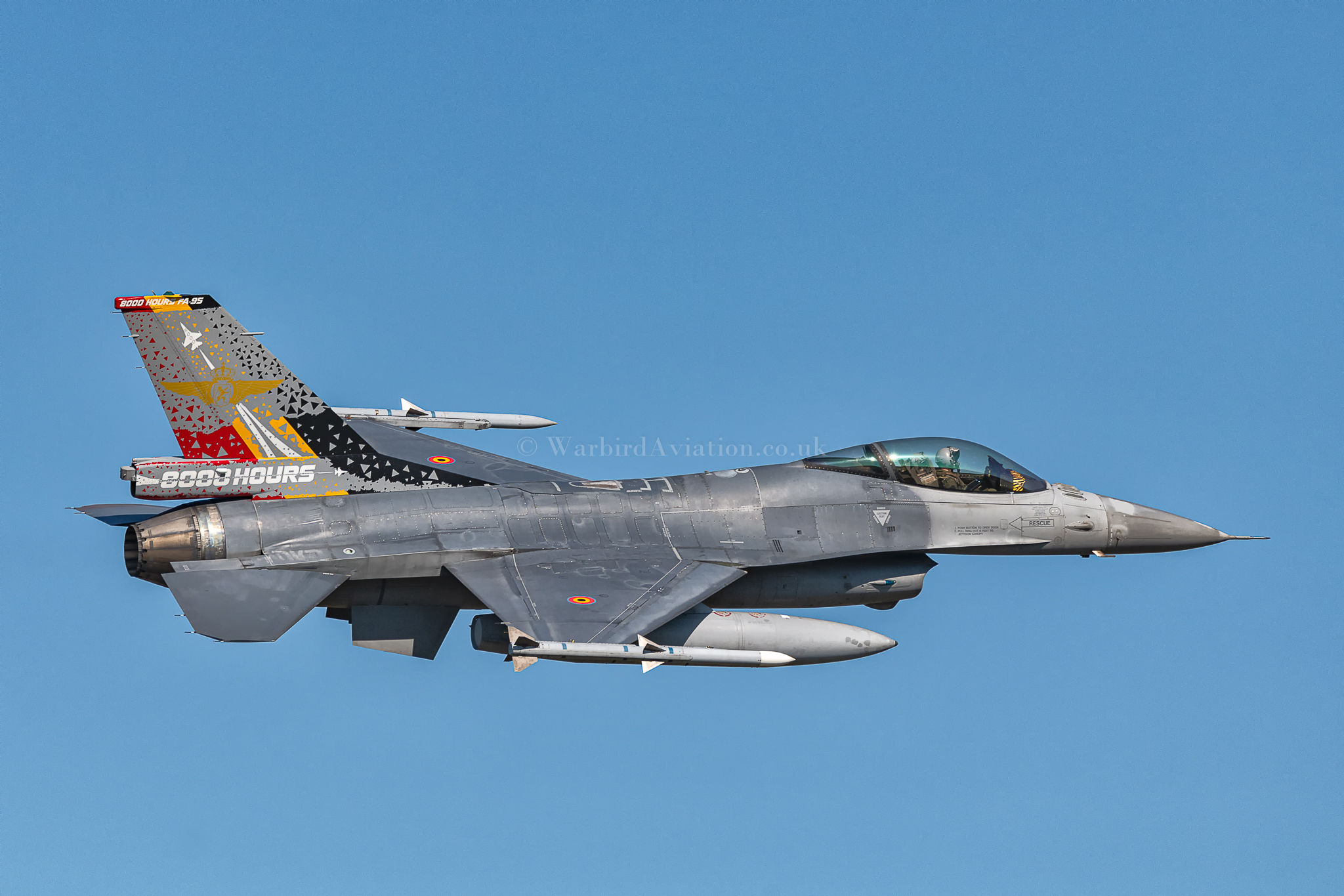 Celebrating its final flight before its retirement having reached the 8000 hours airframe limit, Belgian's first F-16 FA-95 joins the Thunder Tigers display on the Friday Spotters day at Kliene Brogal Air Base