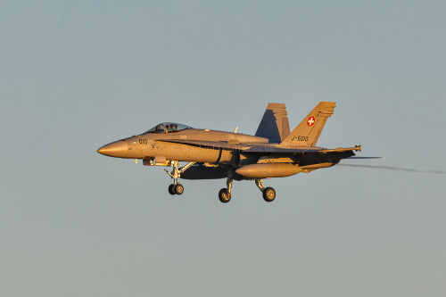 Swiss Air Force McDonnell Douglas F-18C Hornet J-5010, landing on runway 34 at RAF Leeming during Exercise Yorknite 2023. Det-1.
