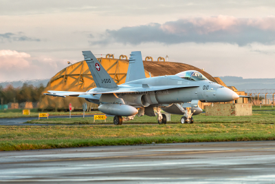 Swiss Air Force McDonnell Douglas F-18C Hornet J-5010 taxiing back to the HAS after the first sortie of the day during Ex. YorkNite 2023 Detachment 2. RAF Leeming