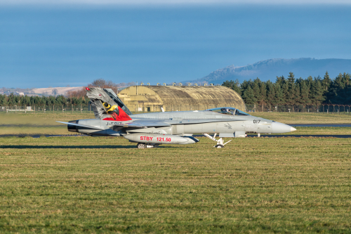 Swiss Air Force McDonnell Douglas F-18C Hornet J-5017 Falcon Tail taxiing out for YorkNite 2023 Detachment 2. RAF Leeming