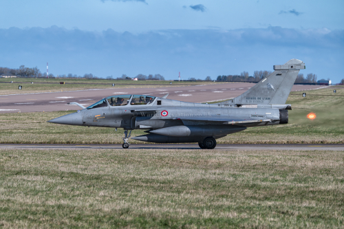 French Air Force Dassault Rafale B 330 taxiing out to runway 02 at RAF Waddington for Ex. Cobra Warrior