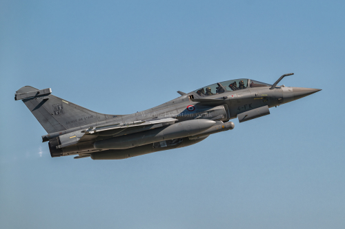 French Air Force Dassault Rafale B 344/4-FK taking off from Andravida Air Base during Ramstein Flag 24.