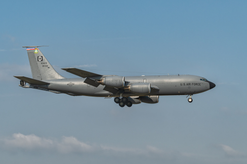 United States Air Force Boeing KC-135R Stratotanker 58-0100 "Hundred Proof" landing at RAF Mildenhall after a Cobra Warrior 24-2 refueling mission.