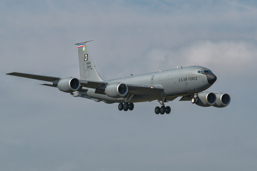 United States Air Force Boeing KC-135R Stratotanker 59-1475 "The Savage" landing into RAF Mildenhall after a Cobra Warrior 24 refueling mission.