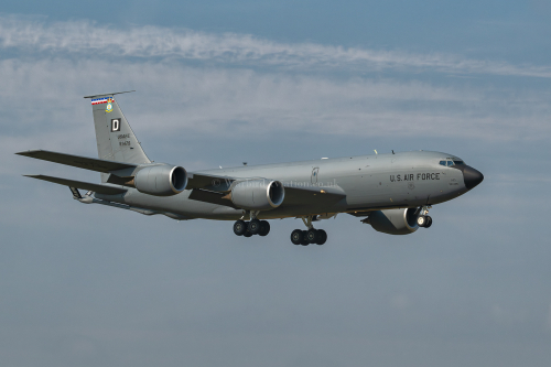United States Air Force Boeing KC-135R Stratotanker 59-1475 landing into RAF Mildenhall after a Cobra Warrior 24 refueling mission.
