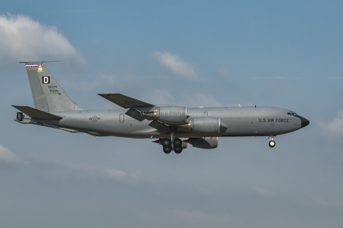 United States Air Force Boeing KC-135R Stratotanker 59-1475 landing into RAF Mildenhall after a Cobra Warrior 24 refueling mission.